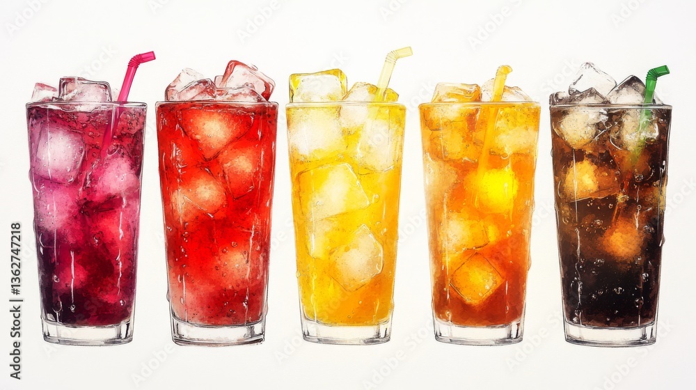 Poster a set of different sodas with ice, showing various flavors and colors.