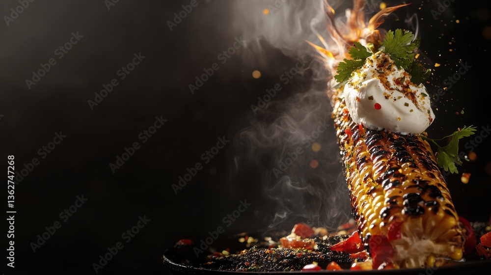 Poster grilled corn on the cob with spices and creamy topping on dark background