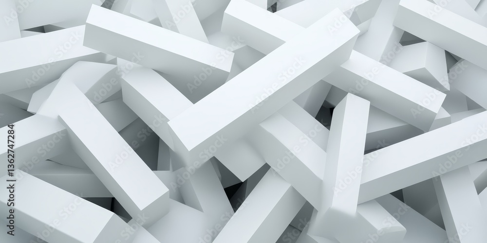 Poster abstract composition of scattered geometric shapes in white, highlighting simplicity and modern desi