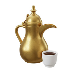 Collection of Traditional Arabic Coffee Dallah Pots with Full Ceramic Cup Isolated