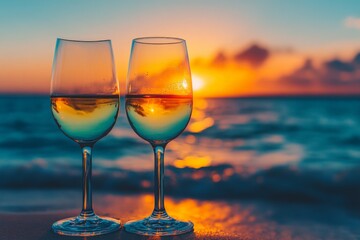 Enjoying a sunset with two glasses of wine by the beach at dusk, capturing a serene and romantic moment by the ocean