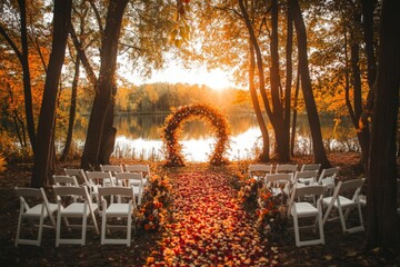 Fall wedding ceremony by a serene lake surrounded by colorful autumn foliage