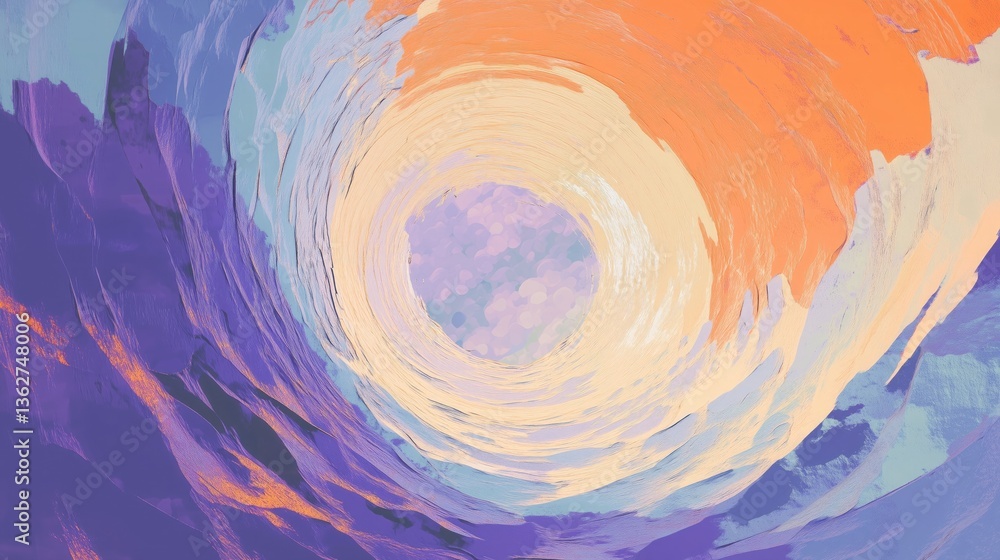 Poster abstract spiral art with vibrant colors like purple, orange, blue, and beige. dynamic circular patte