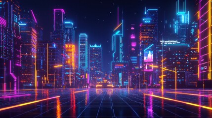 Fototapeta premium Vibrant Neon Cityscape with Futuristic Skyscrapers at Night