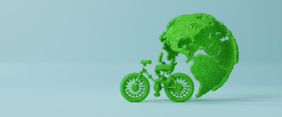 Concept of world bicycle day and car free day, healthy lifestyle, cycling and sports activity in nature, green bicycle and world. Environment preserve, background geometric shape, 3d rendering © Nuchjaree