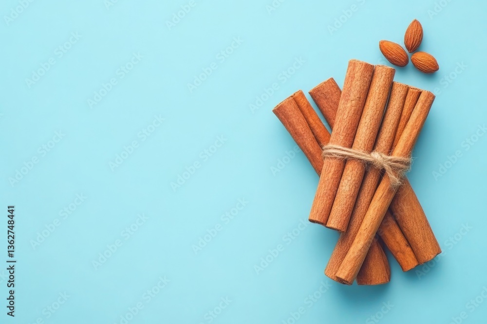 Poster cinnamon sticks and almonds arranged on a light blue surface for culinary use