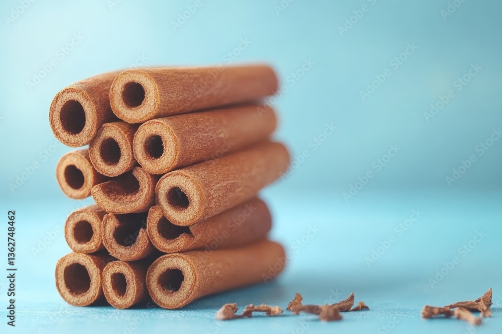Poster cinnamon sticks stacked neatly against a soft blue background, showcasing their rich color and textu