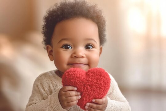 Valentine's day greeting and funny gift. Amused face cute mixed-race baby boy with small fluffy heart in hands. Heartwarming love photo. Playful child with heart. Kid&acirc;&euro;&trade;s love moment.