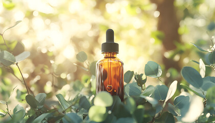 Aromatherapy banner, aromatherapy wellness banner featuring eucalyptus oil bottle and fresh leaves for relaxing aromatherapy