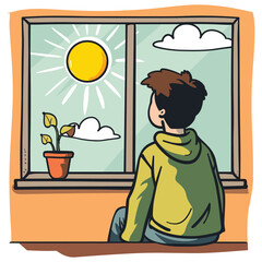 Boy Looking at the Sun Through a Window – Bright and Reflective Moment