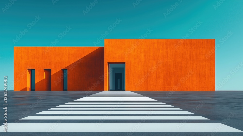 Poster modern orange building with geometric design under clear blue sky. clean lines and minimalist archit