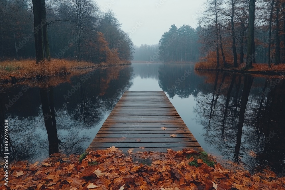 Poster peaceful wooden dock extending into foggy lake surrounded by autumn trees at dawn