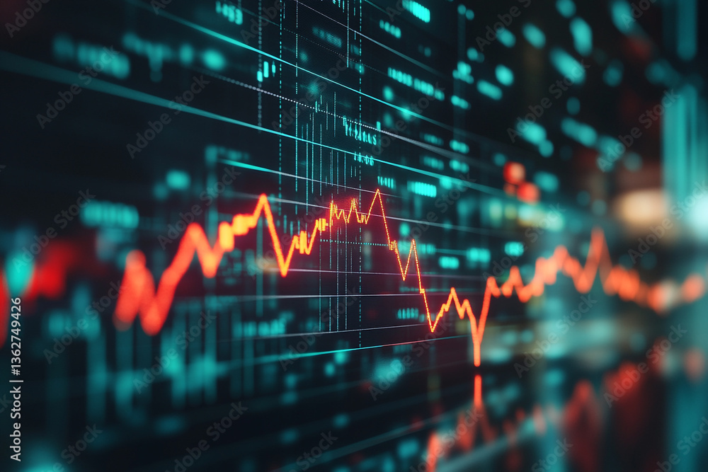 Poster a dynamic stock market chart with a fluctuating red line against a teal grid background display scre