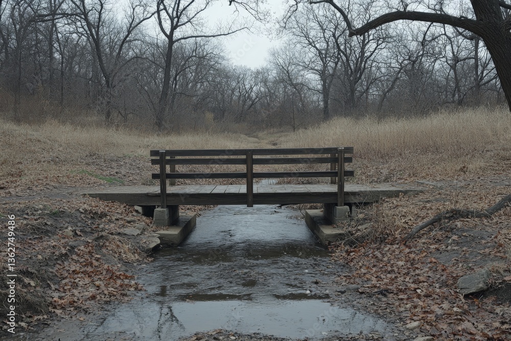 Poster wooden bridge crossing a small creek in a forested area during a cool, overcast day in early spring