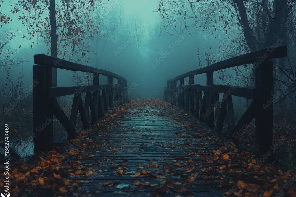 Poster misty autumn morning on a wooden bridge surrounded by trees and fallen leaves in a tranquil forest s