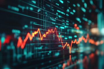 A dynamic stock market chart with a fluctuating red line against a teal grid background display screen