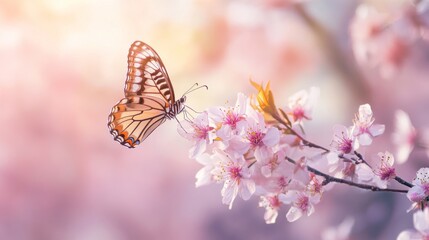 Obraz premium A soft-focus image of a butterfly feeding on a delicate cherry blossom branch in springtime.