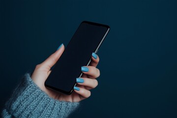A woman's hand with blue nails holding a smartphone against a dark blue background, in a high-resolution banner shot.