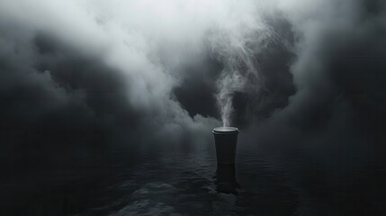 Mysterious Smoke Rising from Coffee Cup in Dark Foggy Environment with Still Water Reflection