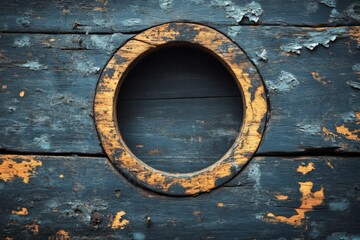 Rustic wooden frame with worn paint on a dark blue background highlighting textures and character