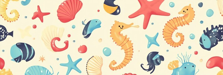Obraz premium Watercolor illustration featuring a seamless pattern of colorful seahorses on a light cream background 