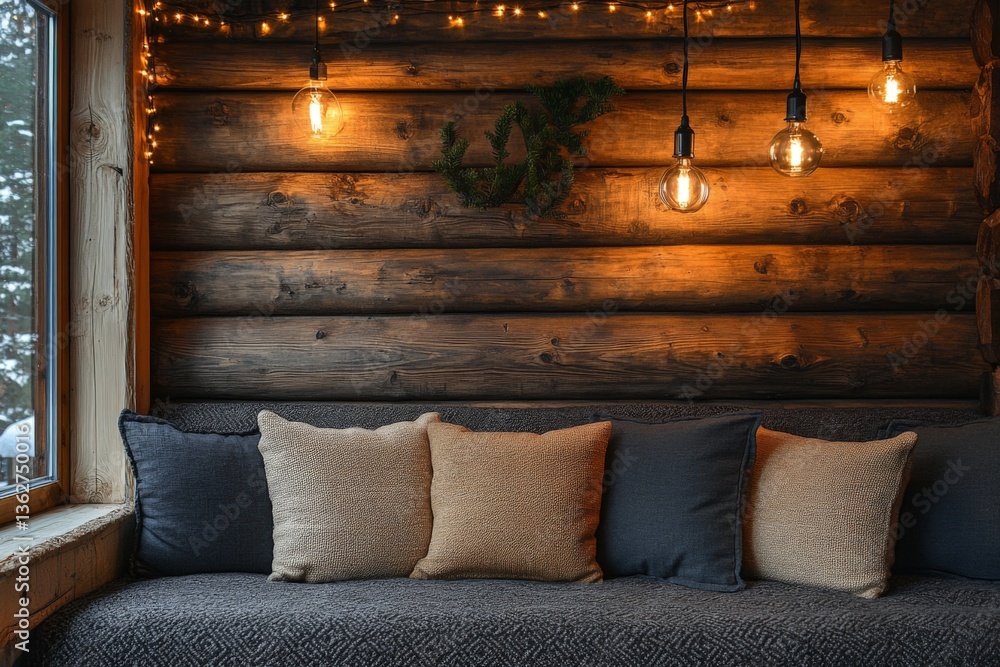 Poster cozy cabin interior with warm lighting and comfortable sofa in a rustic setting during winter