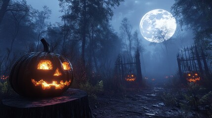 Eerie Halloween Night in a Spooky Forest Path