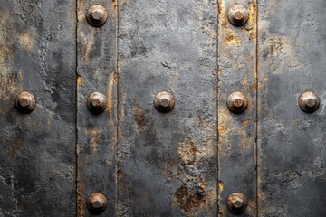 Fototapeta premium Rusty metallic door with textured surface and prominent bolts in an industrial setting