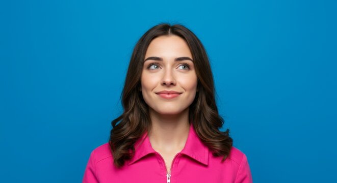Thoughtful young woman in pink on blue background - concept of optimism and contemplation