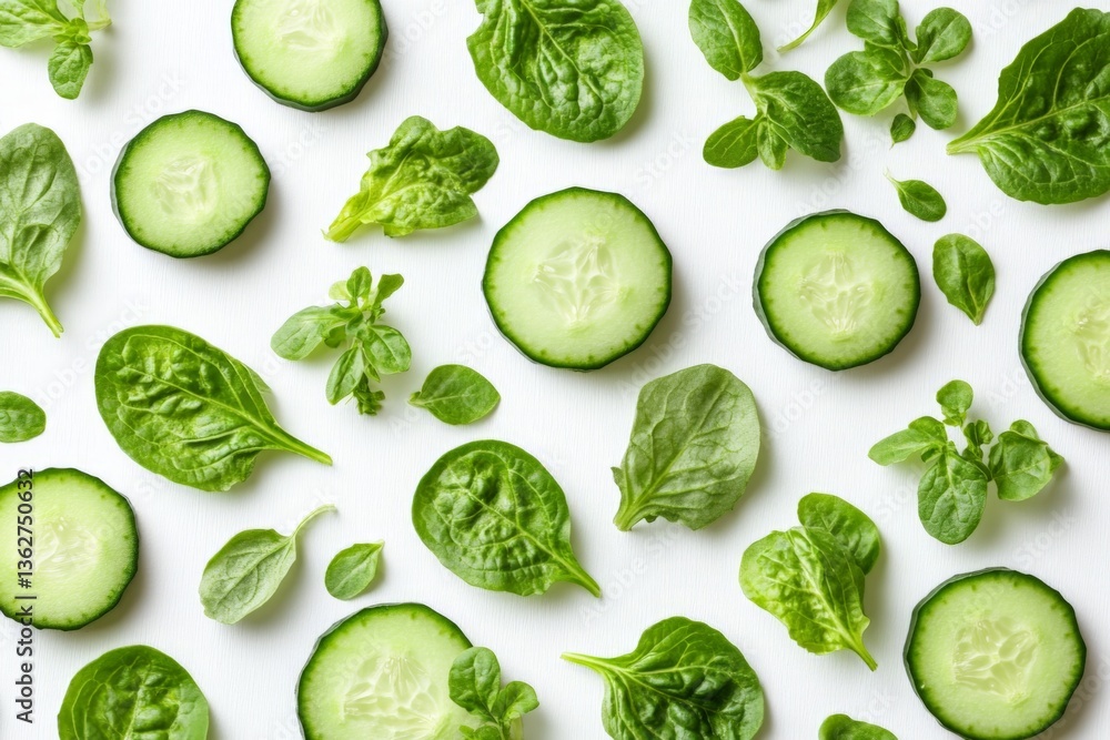 Poster Fresh cucumber slices and green leaves create a vibrant display on a white background in natural light