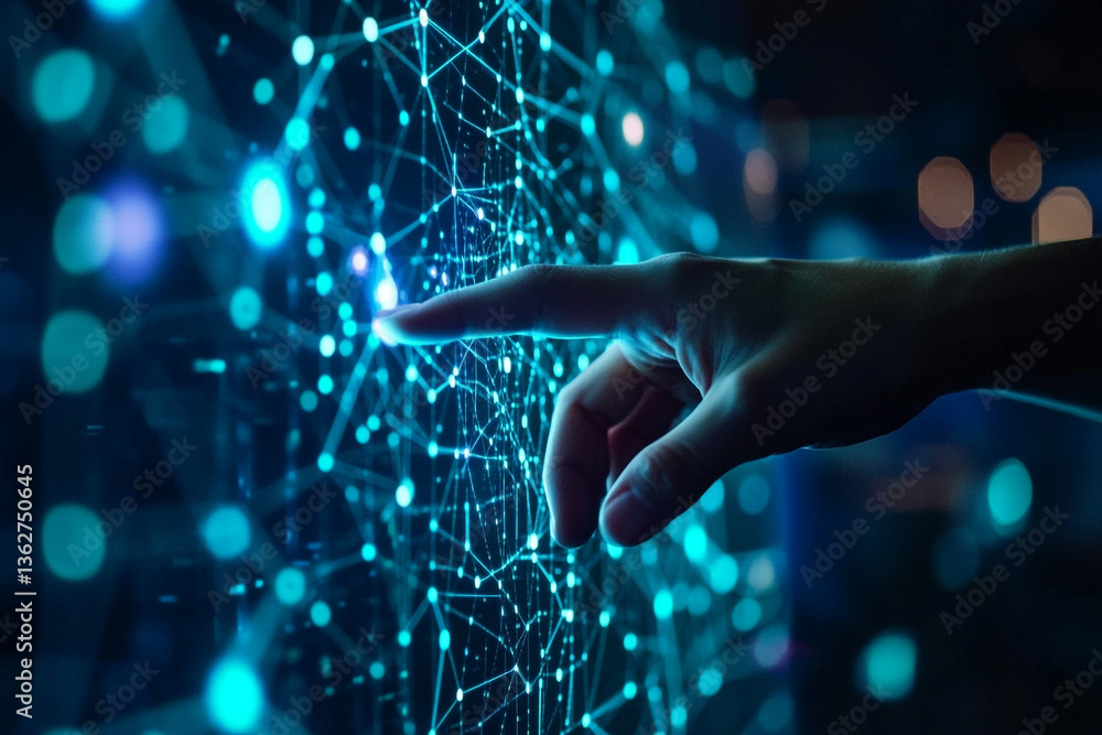 Poster a hand interacting with a blue glowing network of connected dots and lines on a dark background