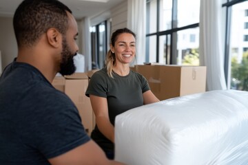 Fototapeta premium Two cheerful individuals, a man and a woman, are joyfully unpacking boxes in a bright living space, symbolizing new beginnings and the excitement of moving into a new home together.