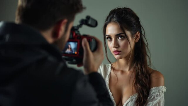 Behind the scenes candid photoshoot of a female model being filmed by a male using a Red camera