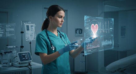 Futuristic medical technology concept with healthcare professional analyzing digital heart interface in modern hospital setting