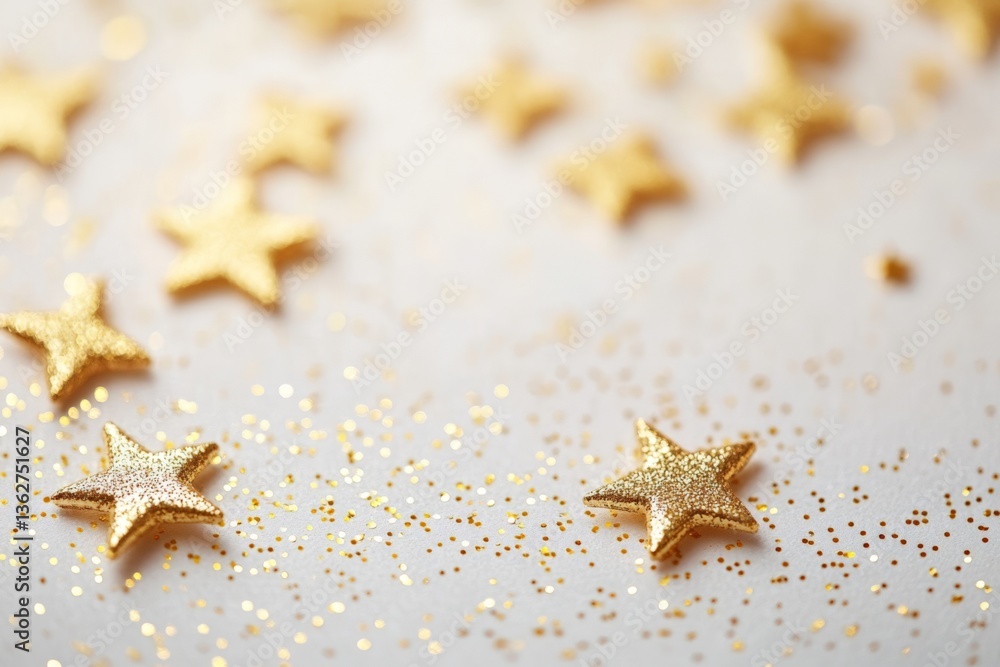 Aufkleber golden star decorations scattered across a white surface create a festive atmosphere, suitable for c