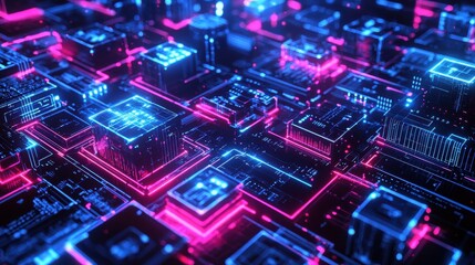 Fototapeta premium Futuristic Digital Landscape with Neon Lights and Circuit Designs