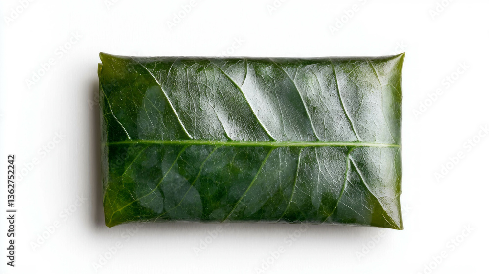 Poster realistic green pea and grape leaf wrapped package on white background
