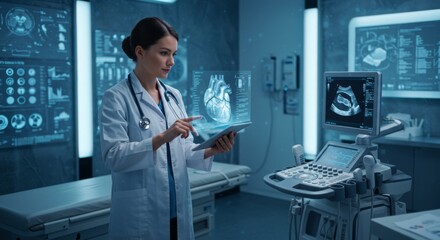 Doctor analyzing heart ultrasound in futuristic medical lab setting