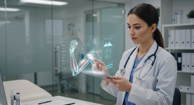 Futuristic healthcare with holographic technology in a modern medical office