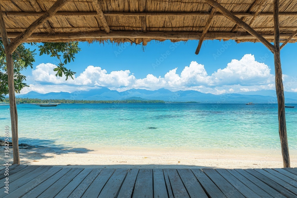 Aufkleber beautiful tropical beach view with calm waters and distant mountains under a clear sky in an island 