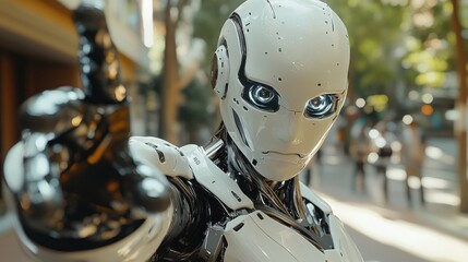 Fototapeta premium Advanced humanoid robot in city street, futuristic technology concept