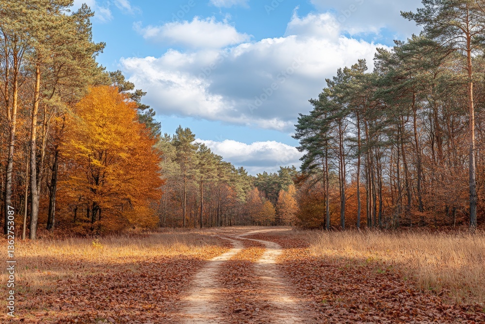 Poster beautiful autumn landscape showcasing a winding dirt path through a forest with vibrant foliage and 