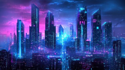 Fototapeta premium Futuristic Cityscape with Neon Lights and Vibrant Skyscrapers