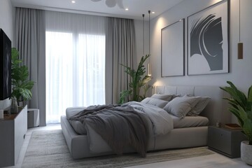 Modern bedroom with gray bedding, plants, and artwork.