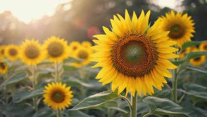 Obraz premium A stunningly vibrant sunflower field that is beautifully illuminated by the rich hues of the sunset