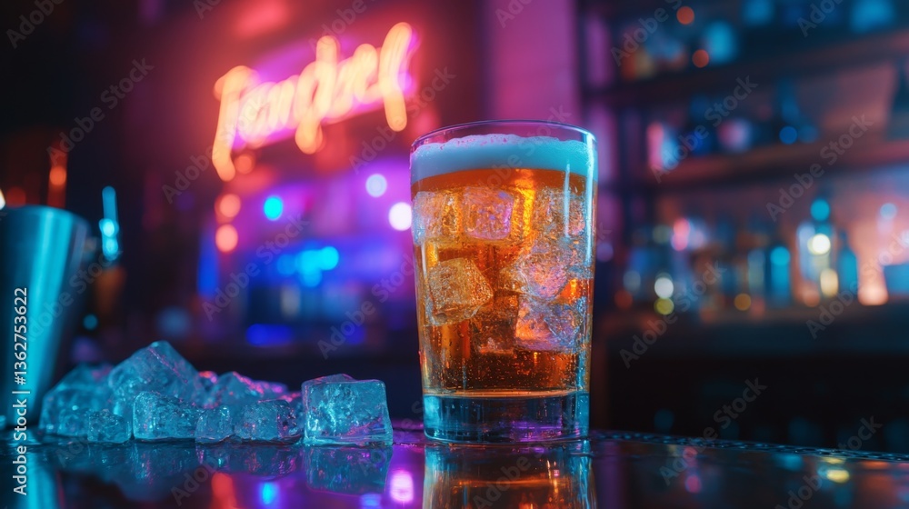 Poster a stylish bar setting with a chilled glass of beer and ice, neon signs glowing in the background.