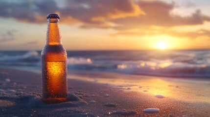 Chilled bottle of beer rests on sandy beach as sunset casts warm glow over the ocean waves