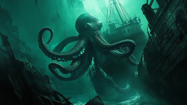 A giant squid wrapping its tentacles around an old shipwreck, illuminated by shafts of light. 