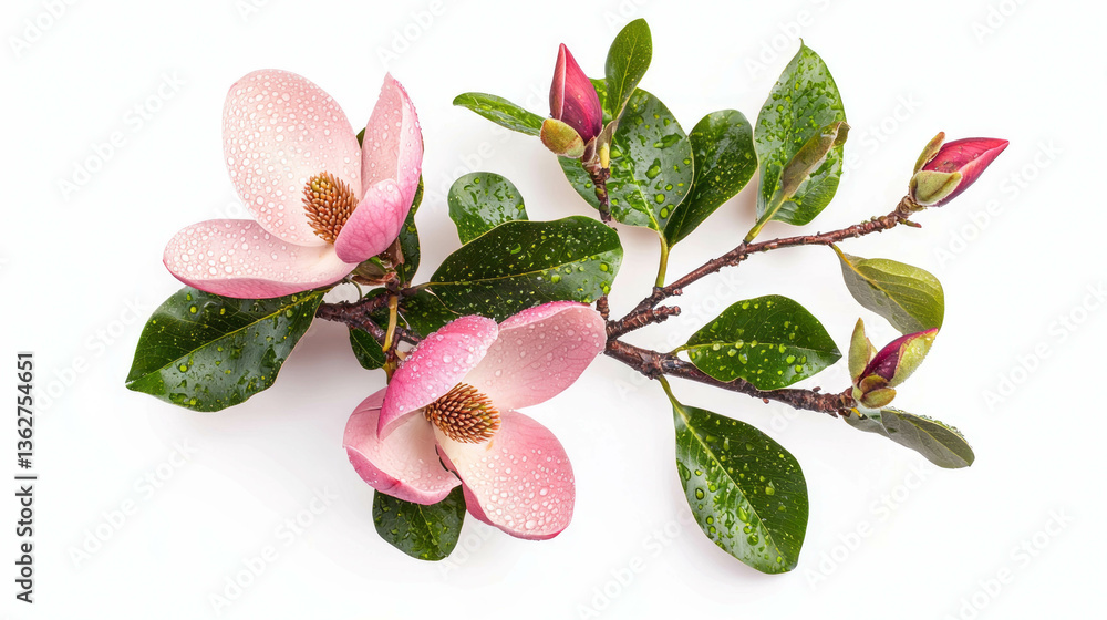 Poster magnolia blossom with dew on a branch against white background for nature and botany design