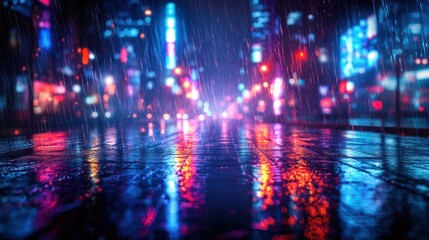Rainy Night Cityscape: Neon Lights Reflecting on Wet Pavement
